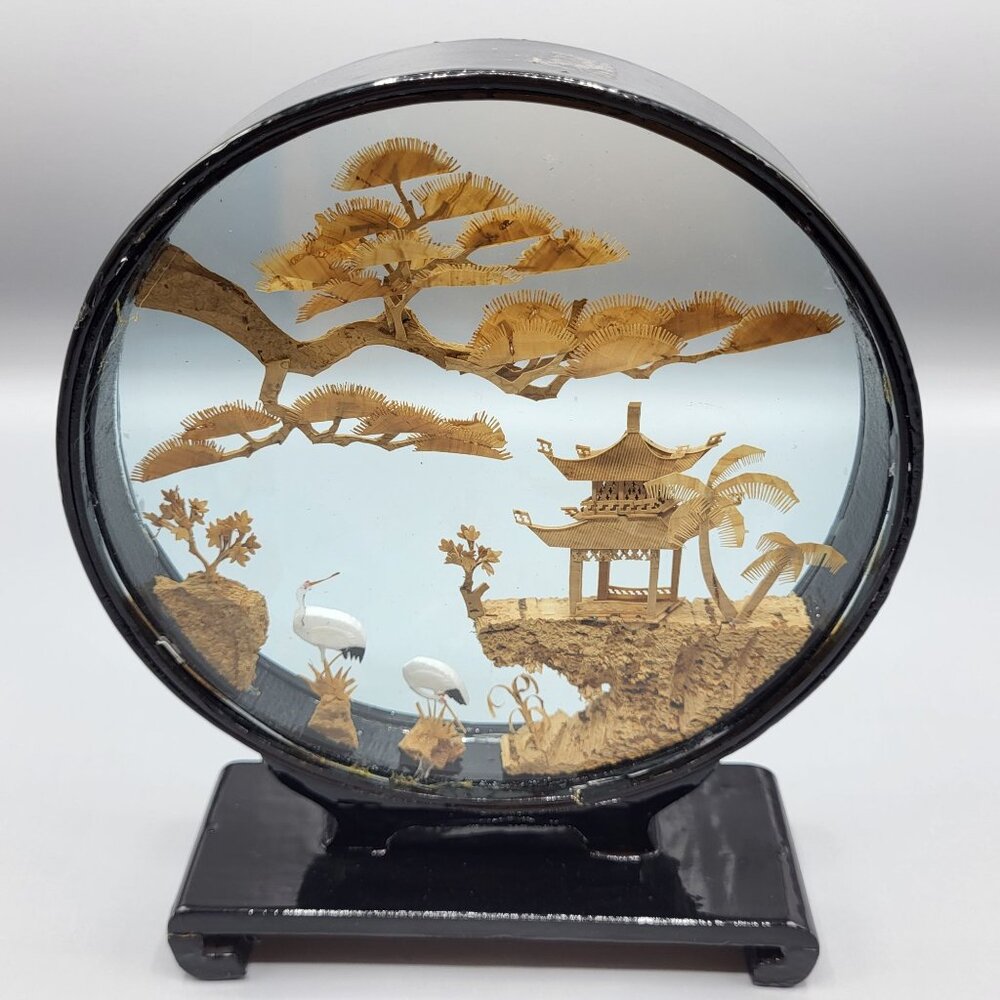 Vtg Chinese Hand Carved Cork Diorama Cranes Black Lacquer Art Stand 8.5" x 6.25" - Picture 10 of 13